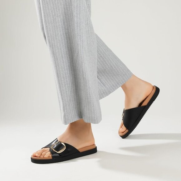 Women Flat Sandals Leather Wide Width Slip-On Comfortable Dressy Summer - Picture 3 of 8